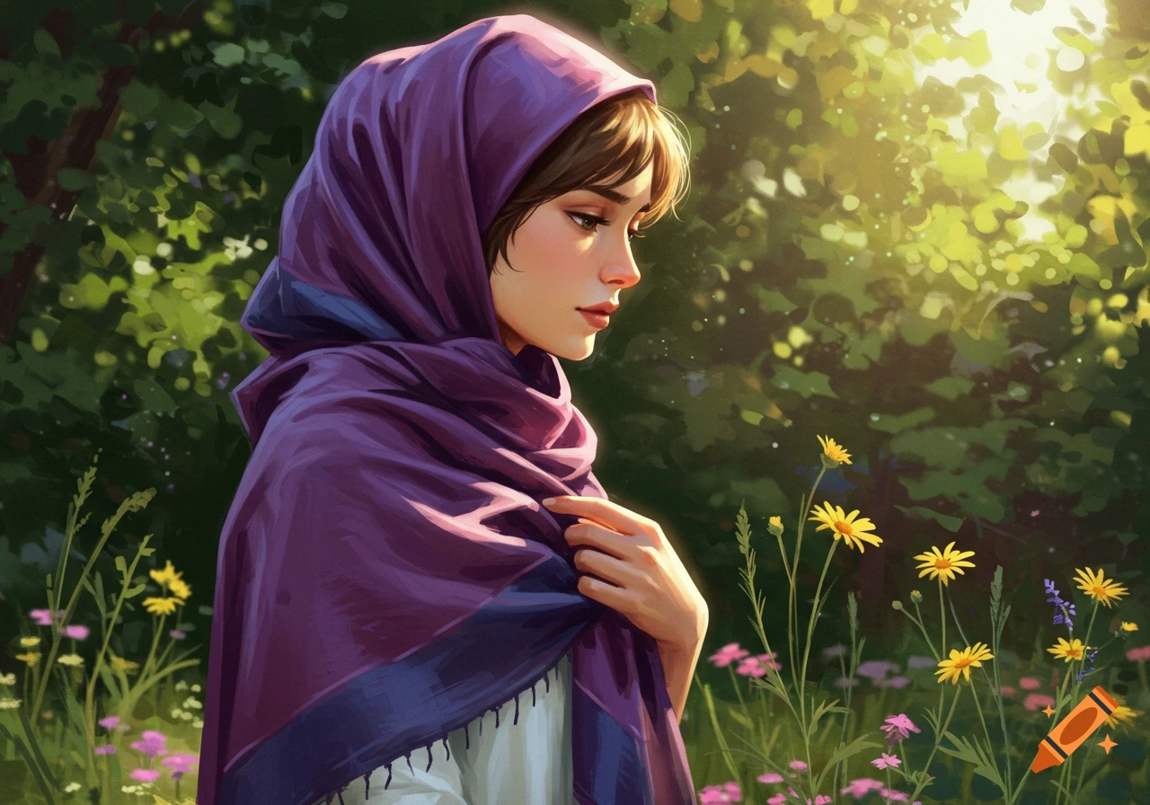 A woman with a purple headscarf looking down at yellow and pink wildflowers in a sunlit, painterly outdoor scene.