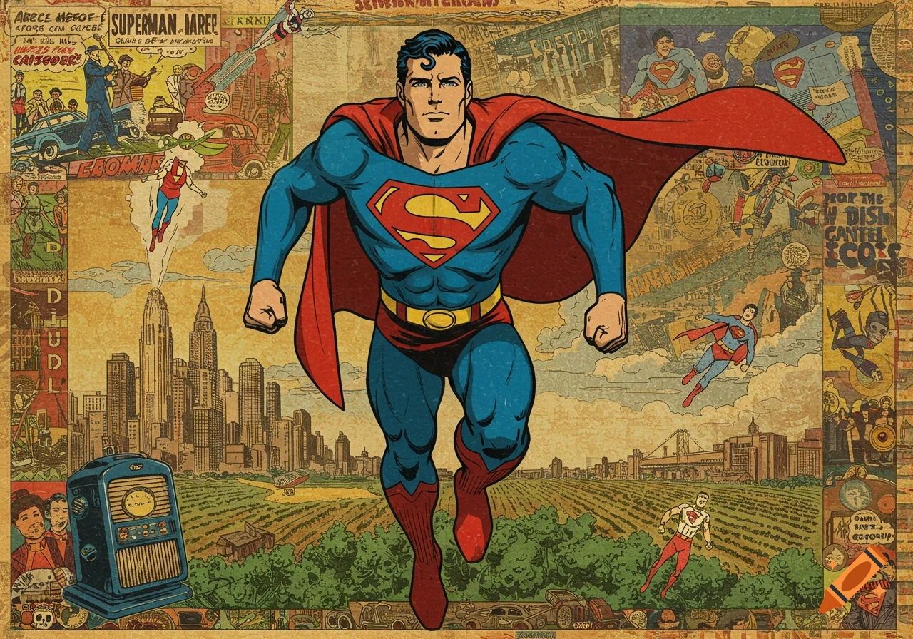 Superman flying forward, depicted in a vintage comic book style collage with background panels showing a city and fields.