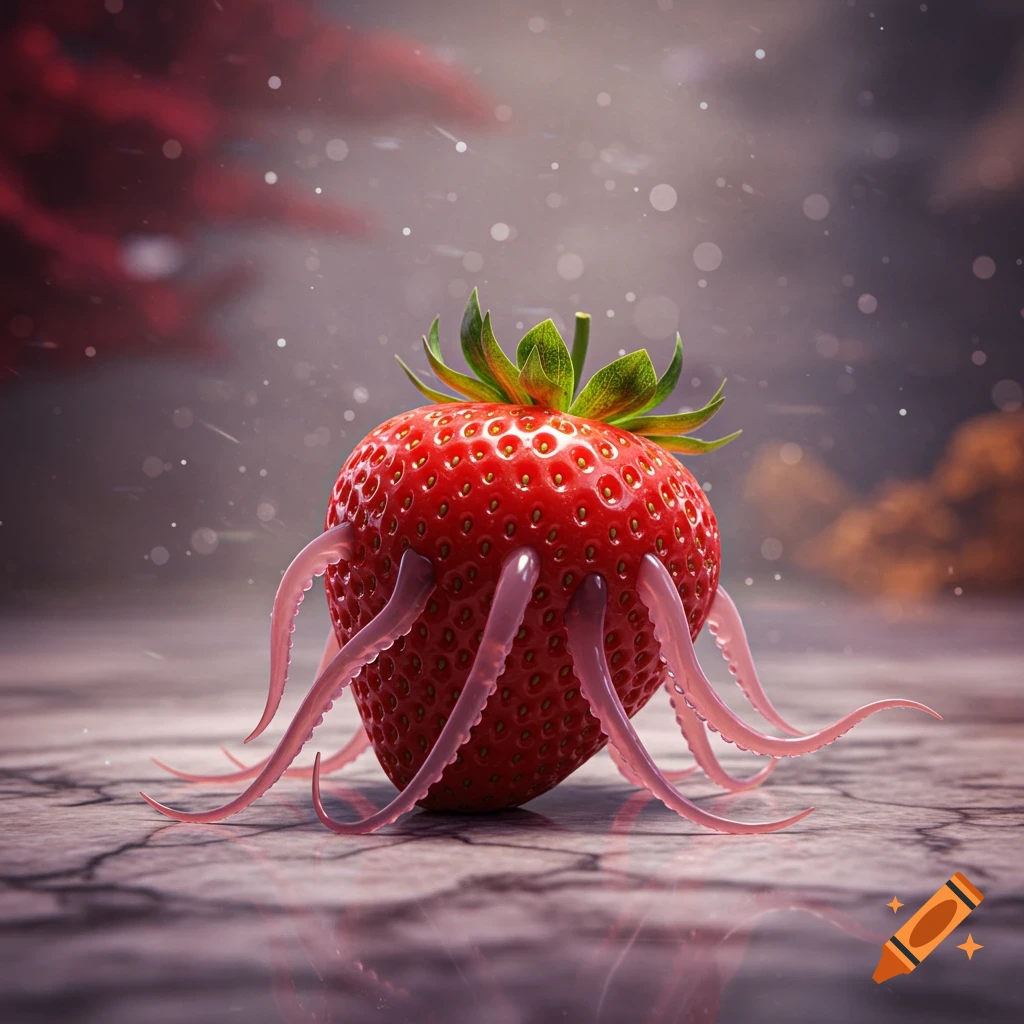 A photorealistic image of a red strawberry with pink tentacles emerging from its sides, sitting on a cracked surface.