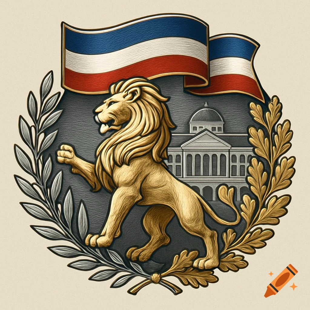 An emblem featuring a golden lion rampant in front of a classical building, framed by olive branches and topped by blue, white, and red flags.