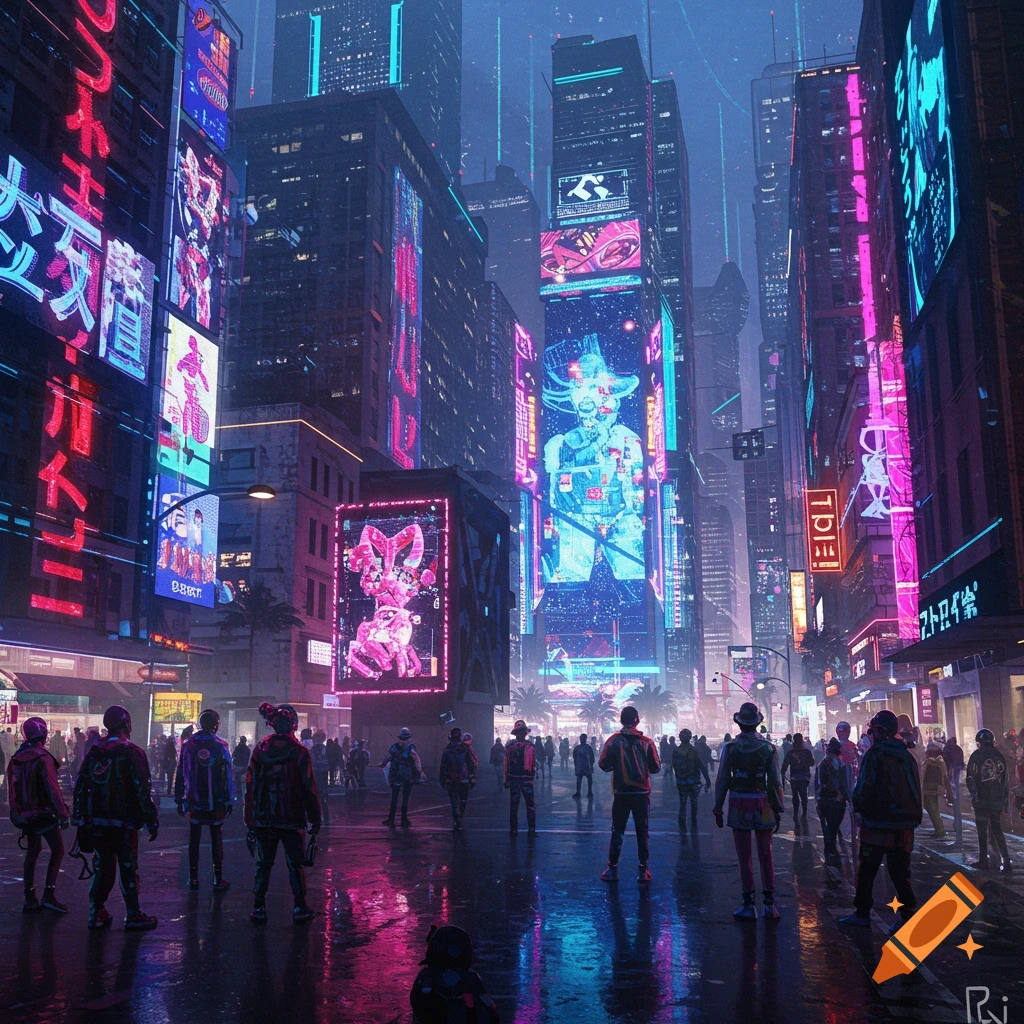 A futuristic city street at night, with towering skyscrapers adorned with vibrant neon signs and digital billboards. People mill about on the wet pavement, reflecting the colorful lights.