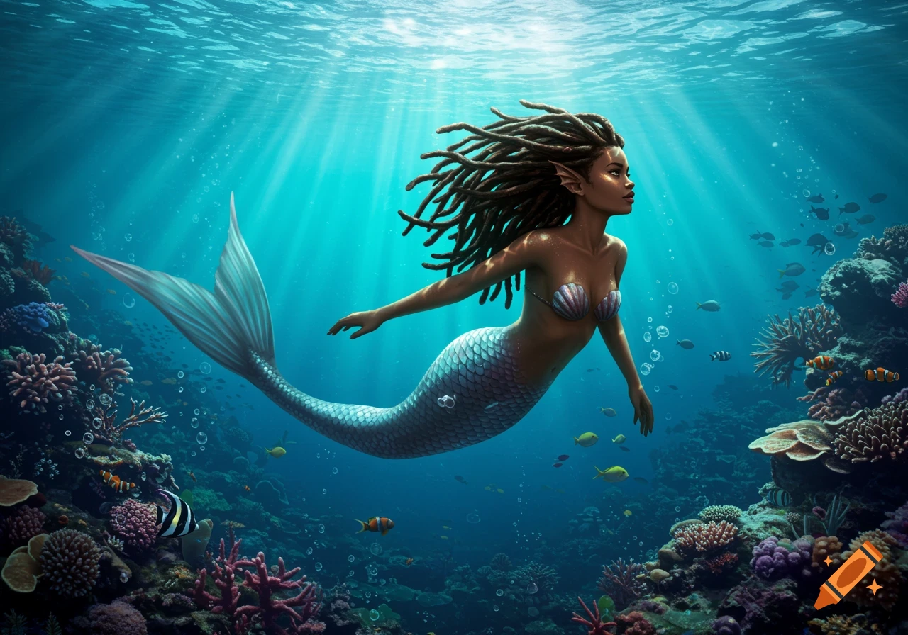 A Black mermaid with dreadlocks and shell top swims gracefully through a vibrant coral reef in clear blue ocean water.