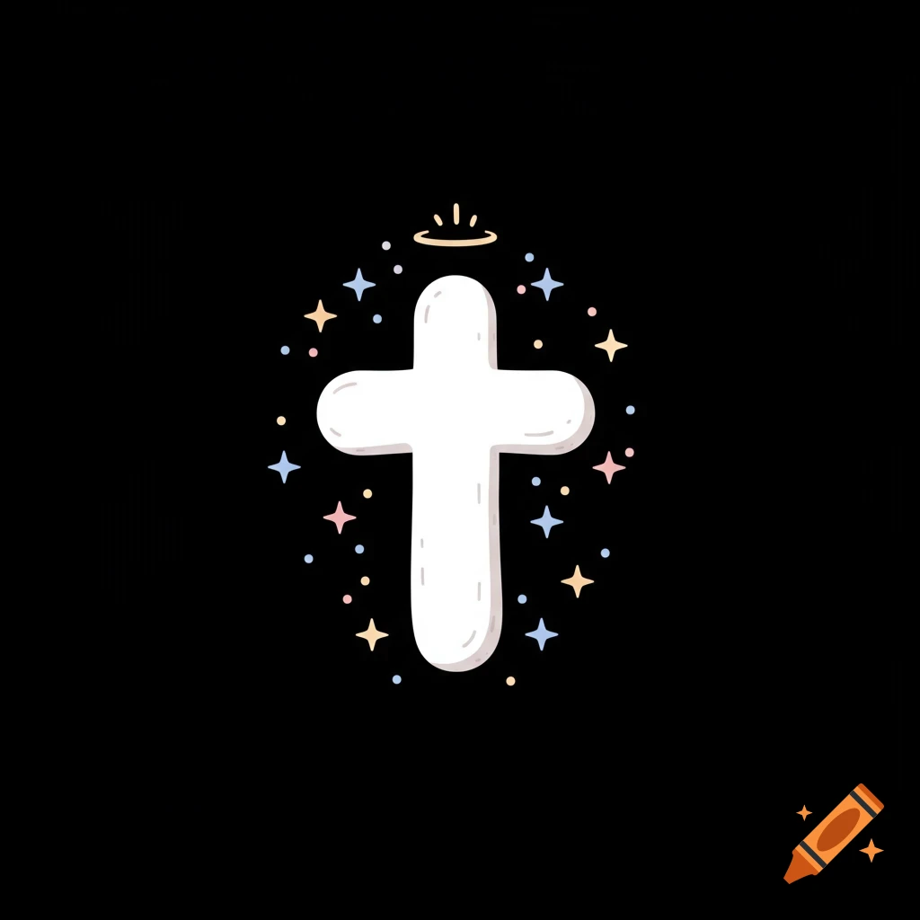 A white cartoon cross with a golden halo and pastel stars on a black background.