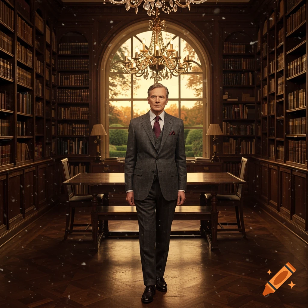 A middle-aged man in a gray suit stands in a grand library with large bookshelves, chandeliers, and a window overlooking a garden.