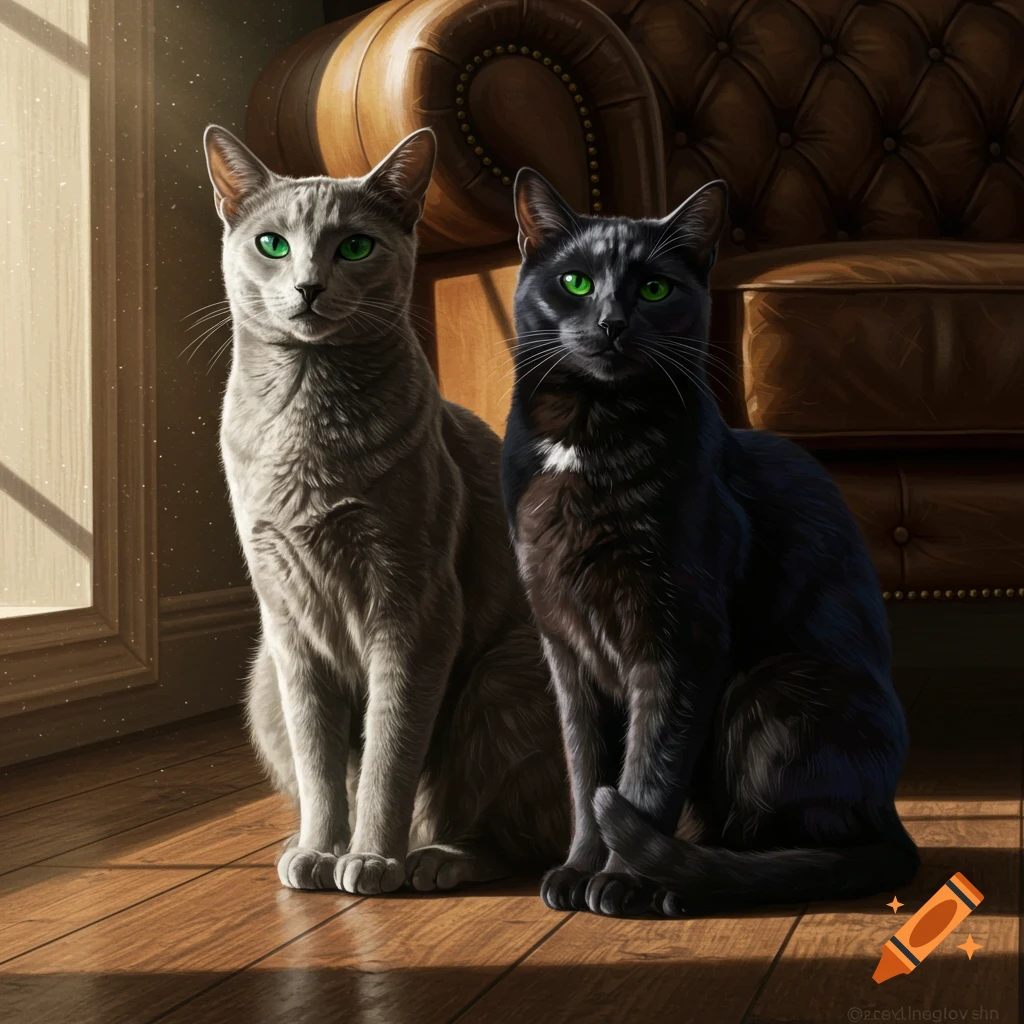 A photorealistic image of a gray Russian Blue cat and a black cat with green eyes sitting side-by-side on a wooden floor in a sunlit room.