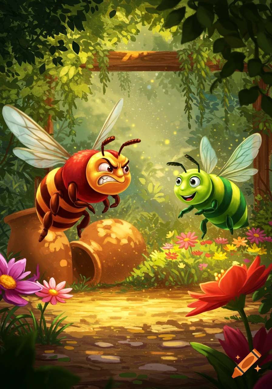 A vibrant illustration of an angry red bee facing a happy green bee in a lush garden with flowers and pottery.
