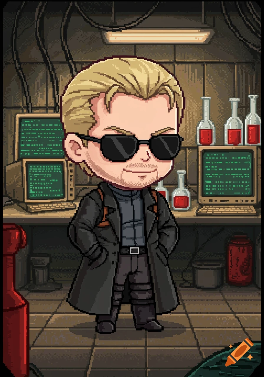 A pixel art chibi version of Wesker from Resident Evil, standing in a dimly lit laboratory with computer screens and beakers.