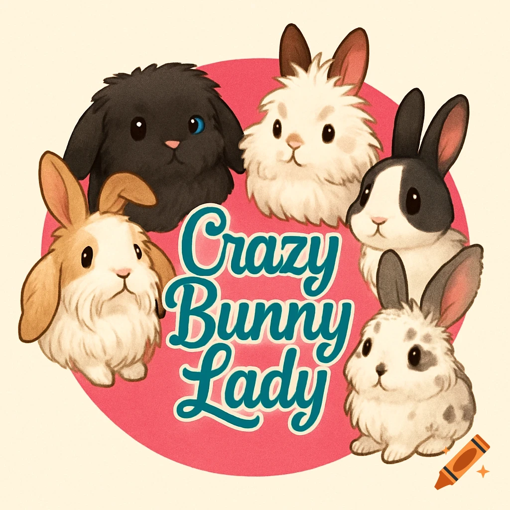 A round logo featuring five cute cartoon bunnies of various breeds and colors, surrounding the teal text "Crazy Bunny Lady" on a hot pink background.