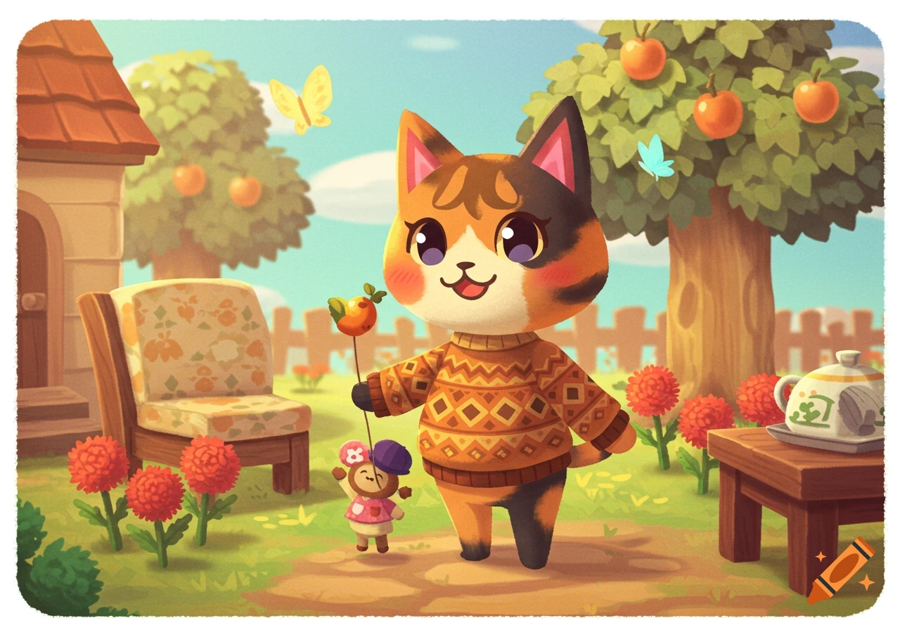 A calico cat villager in a patterned sweater stands in a bright Animal Crossing-style garden with a small monkey villager, trees, and flowers.