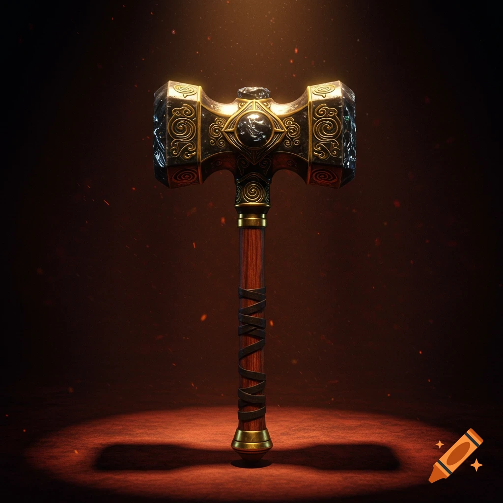 An ornate golden and dark metal maul with a wooden handle, glowing in a spotlight with sparks in the air.
