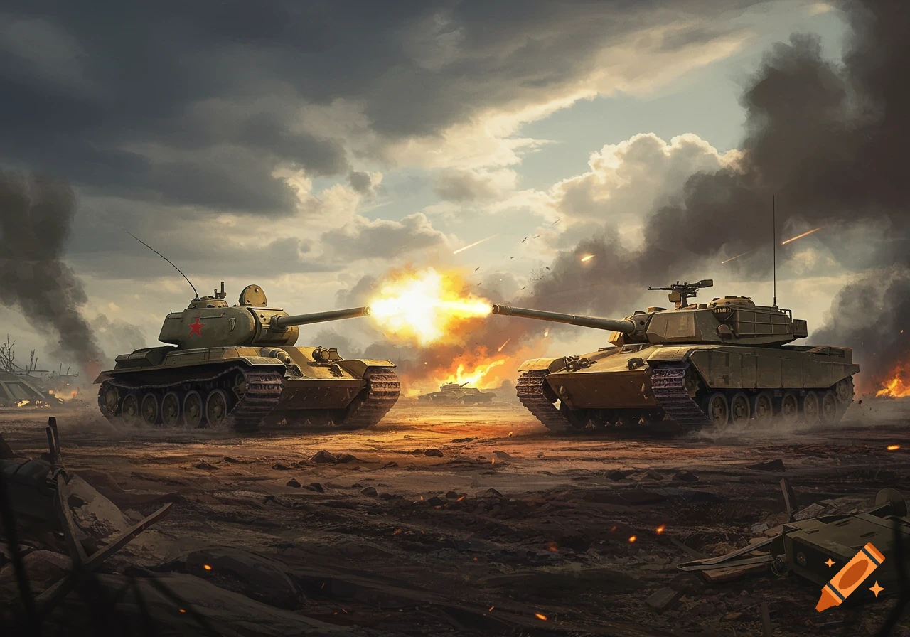 Two military tanks, a KV-2 and an M1 Abrams, face off on a smoky battlefield with one firing, under a dramatic cloudy sky.