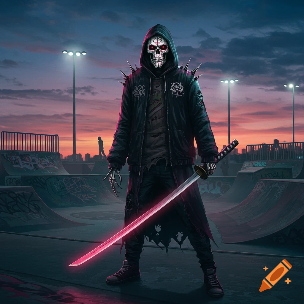 A grim reaper figure with a skeletal face and glowing red eyes, wearing a black hoodie with spikes, holds a glowing pink katana in a skatepark at sunset.