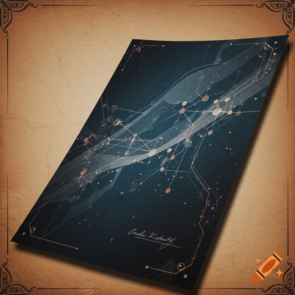 A dark blue digital design with interconnected lines and dots, resembling a circuit board, set on a textured brown paper background.