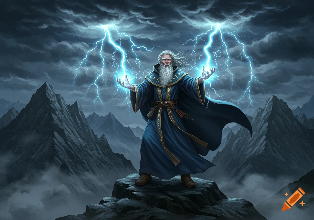 A powerful wizard on a mountaintop conjures bright blue lightning from his hands under a dark, stormy sky.