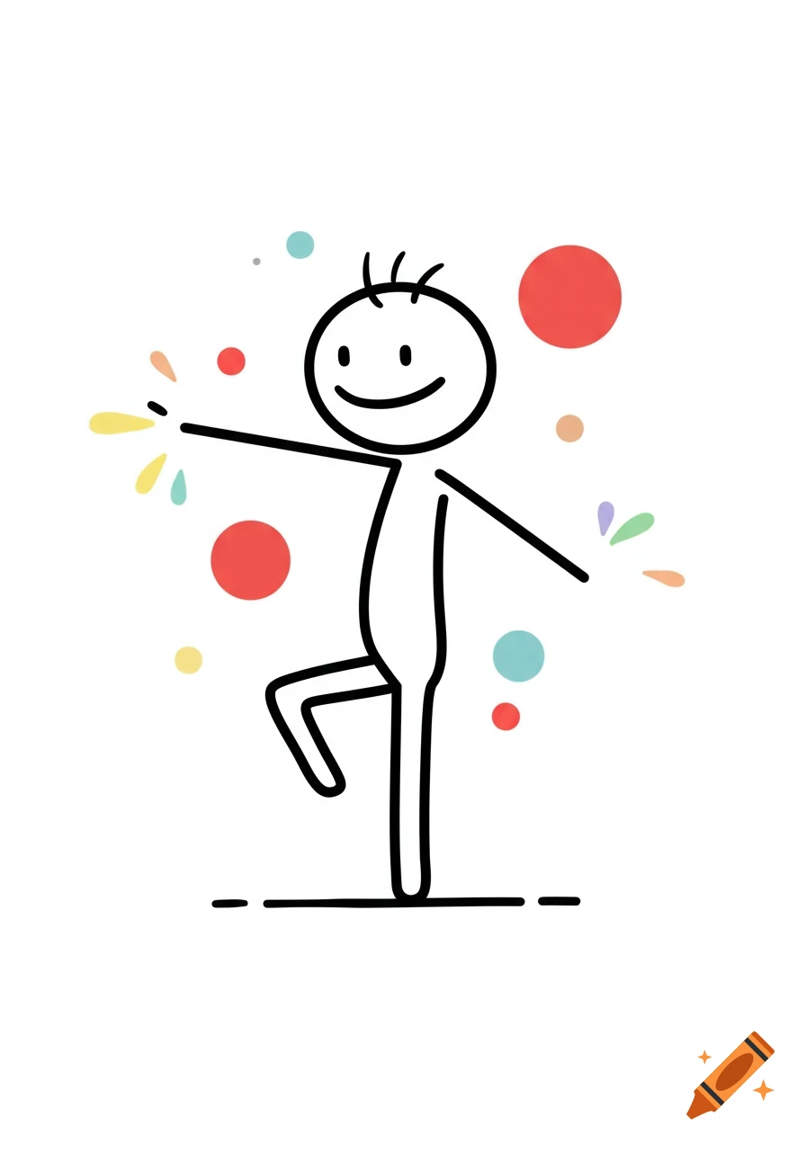 A black stick figure stands on one leg with arms out, surrounded by various colorful dots on a white background.