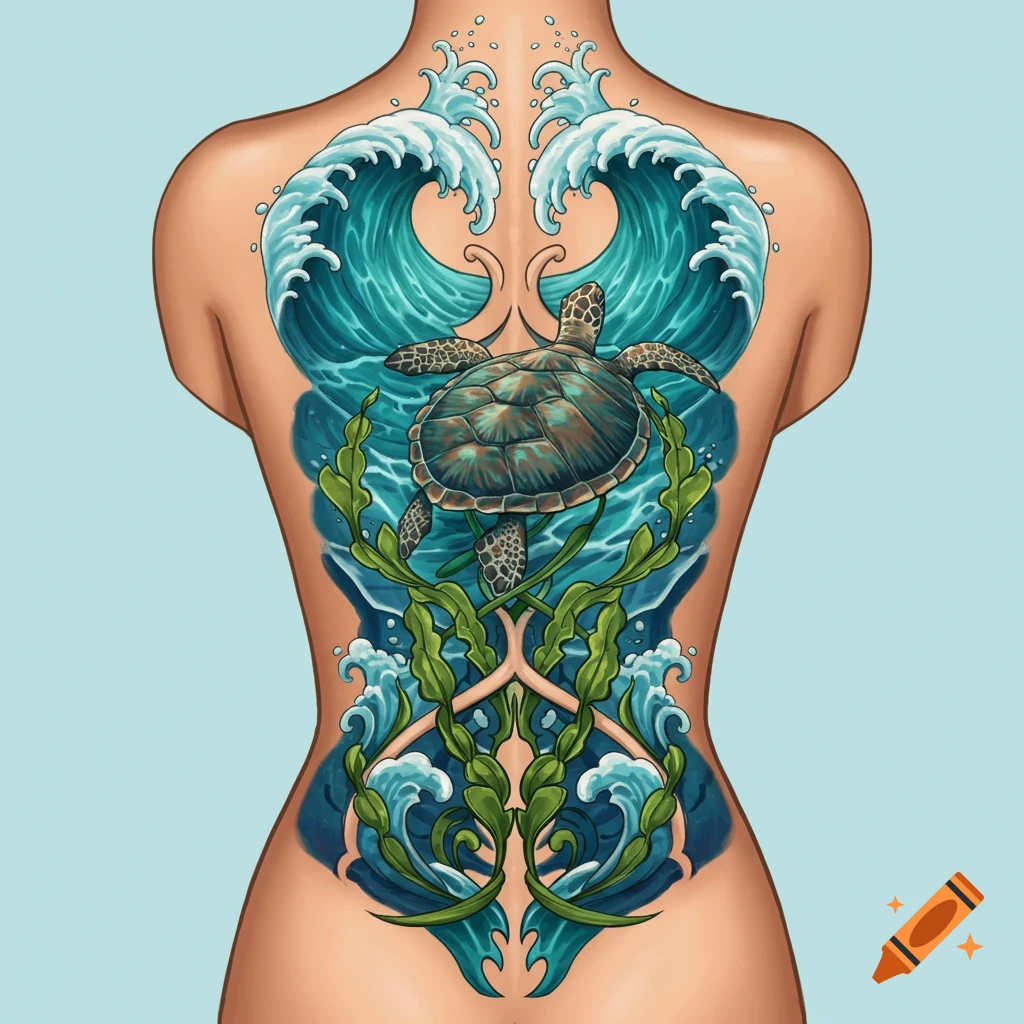 Illustrated tattoo on a person's back featuring a sea turtle amidst blue waves and green seaweed.