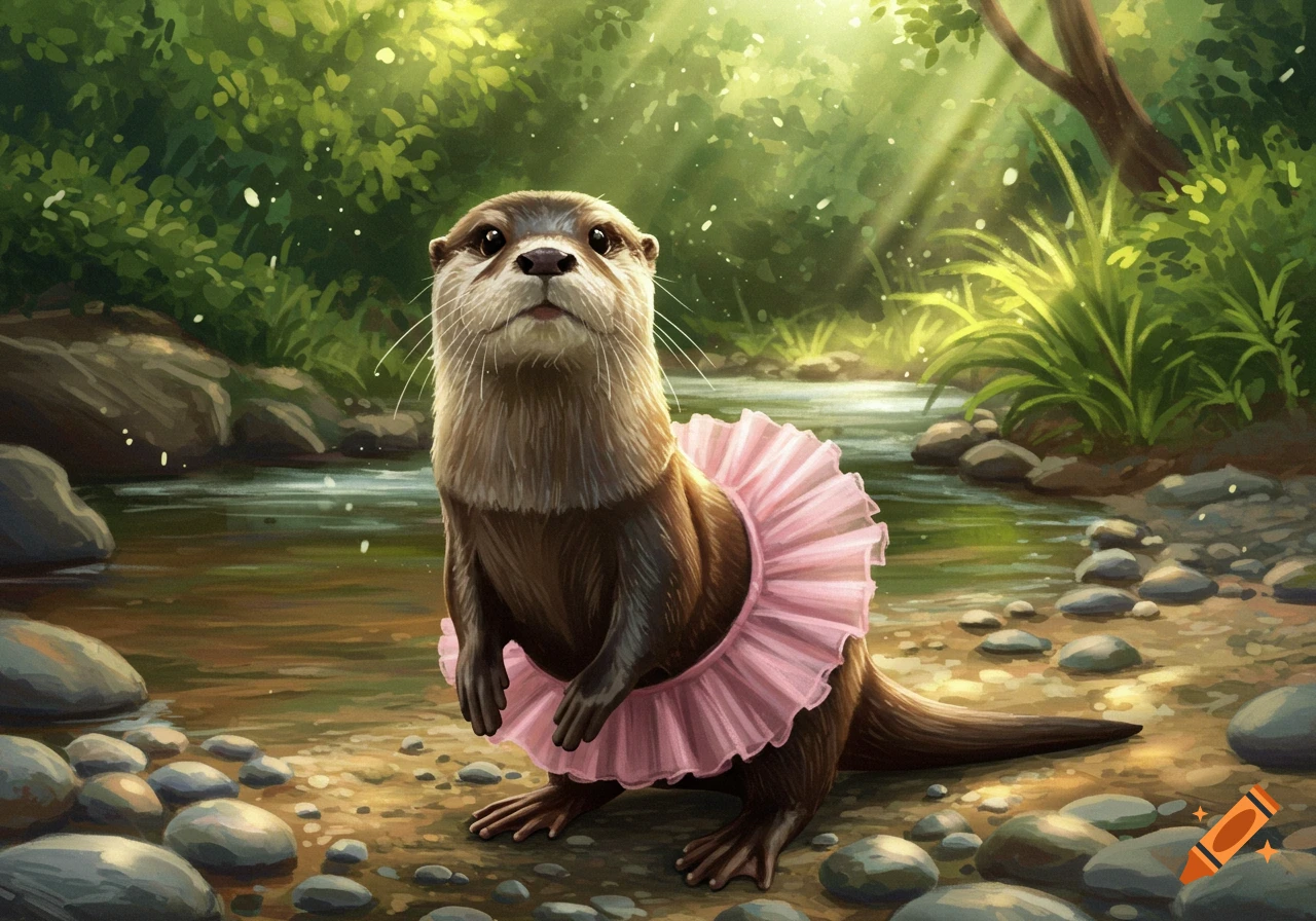 A cute otter in a pink tutu stands on a rocky riverbank in a sunlit forest. Digital painting.