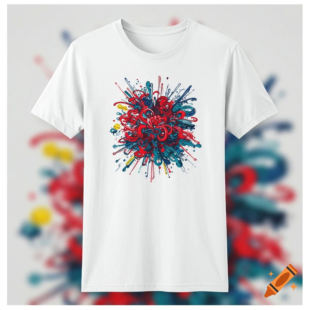 A white t-shirt with a vibrant abstract print of red, blue, and yellow lines and splatters on the chest.
