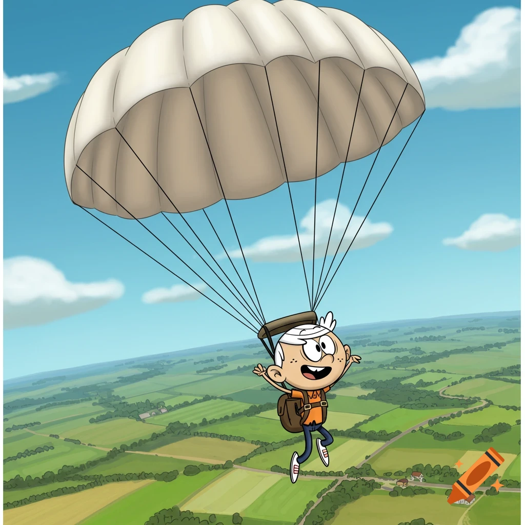 Lincoln Loud from The Loud House with a white parachute flying over a green landscape with fields.