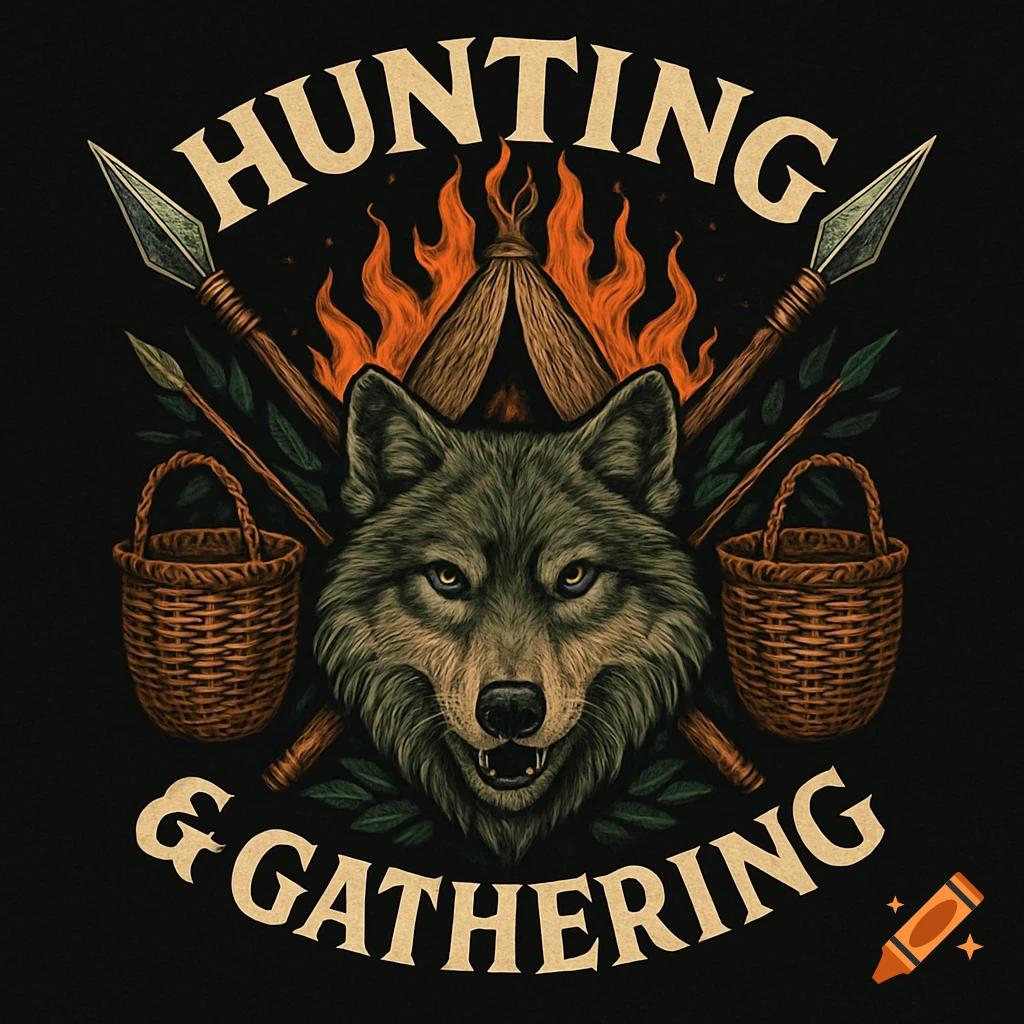A vintage style logo for 'Hunting & Gathering' featuring a wolf head, crossed spears, wicker baskets, and a campfire.