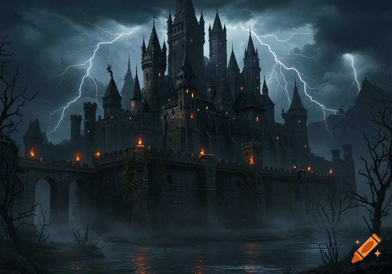 A dark fantasy castle with many spires under a stormy sky, illuminated by bright lightning flashes, reflected in the murky water below.
