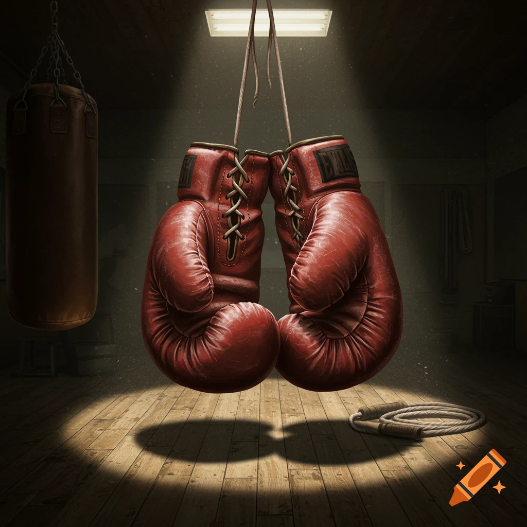 Two red boxing gloves hang by their laces in a dimly lit boxing gym, with a punching bag and jump rope visible. A spotlight illuminates the center.