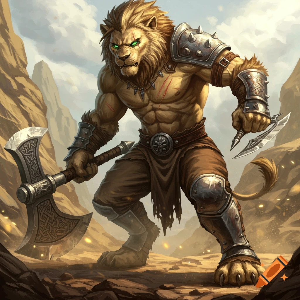 A powerful armored Leonin berserker with beige fur and green eyes, holding a great axe and a throwing knife, stands in a desert canyon.