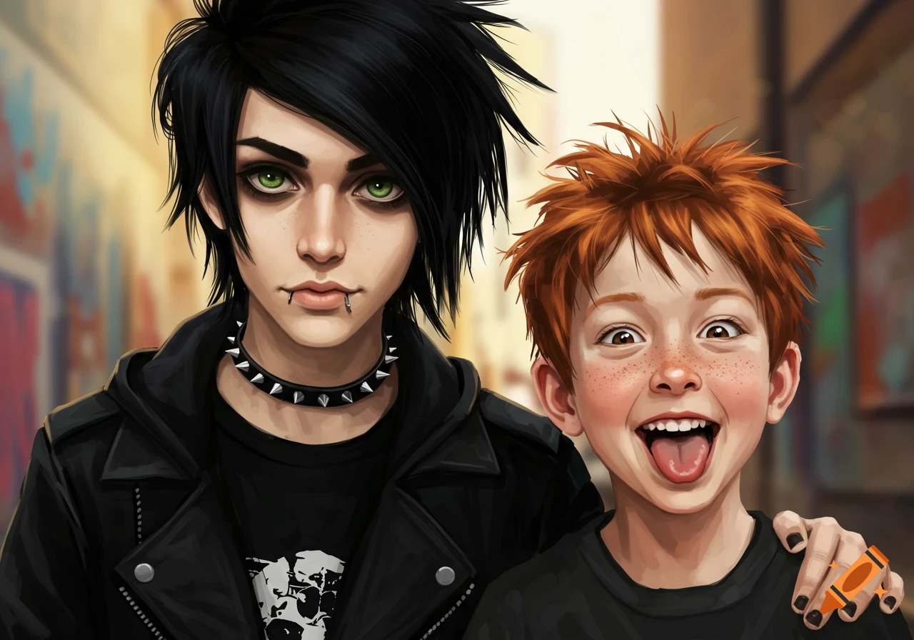 An emo boy with black hair and green eyes stands next to a smiling red-haired boy with freckles sticking out his tongue in an illustrated style.