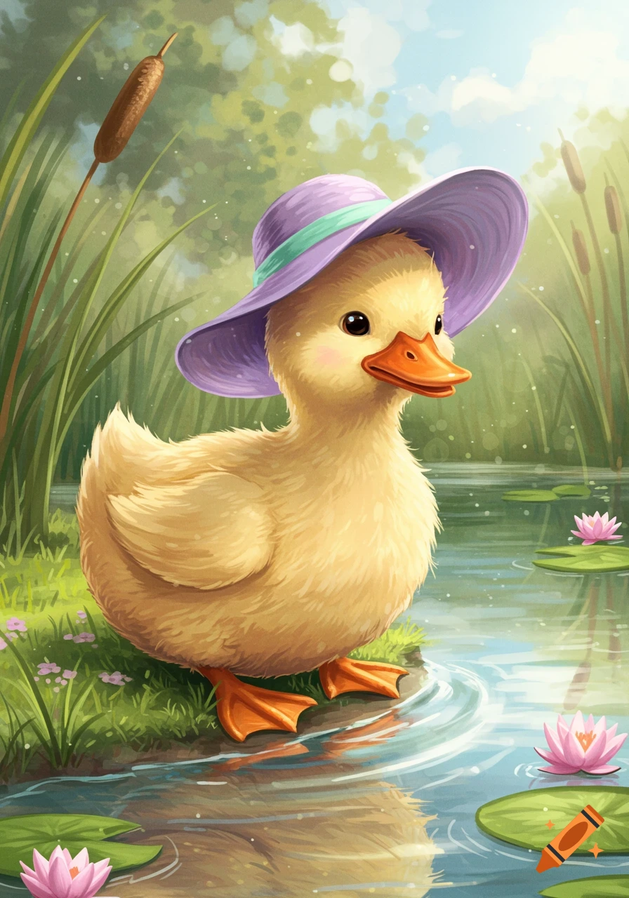 A cute yellow duckling wearing a purple hat stands at the edge of a pond with lily pads and cattails, in an illustrated style.