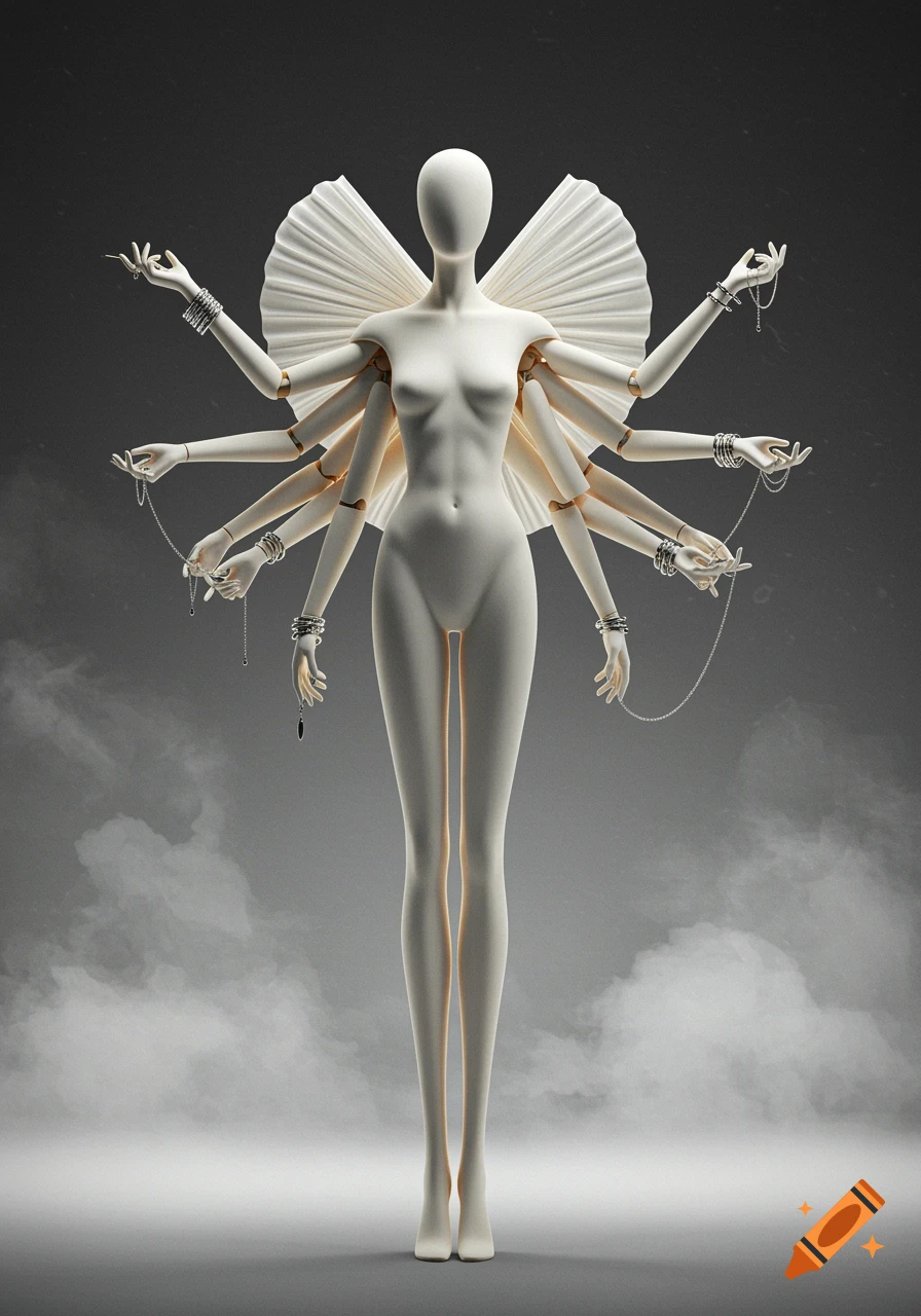 A photorealistic white mannequin with long legs and 16 arms with fan-like wings, wearing silver bracelets and holding chains.