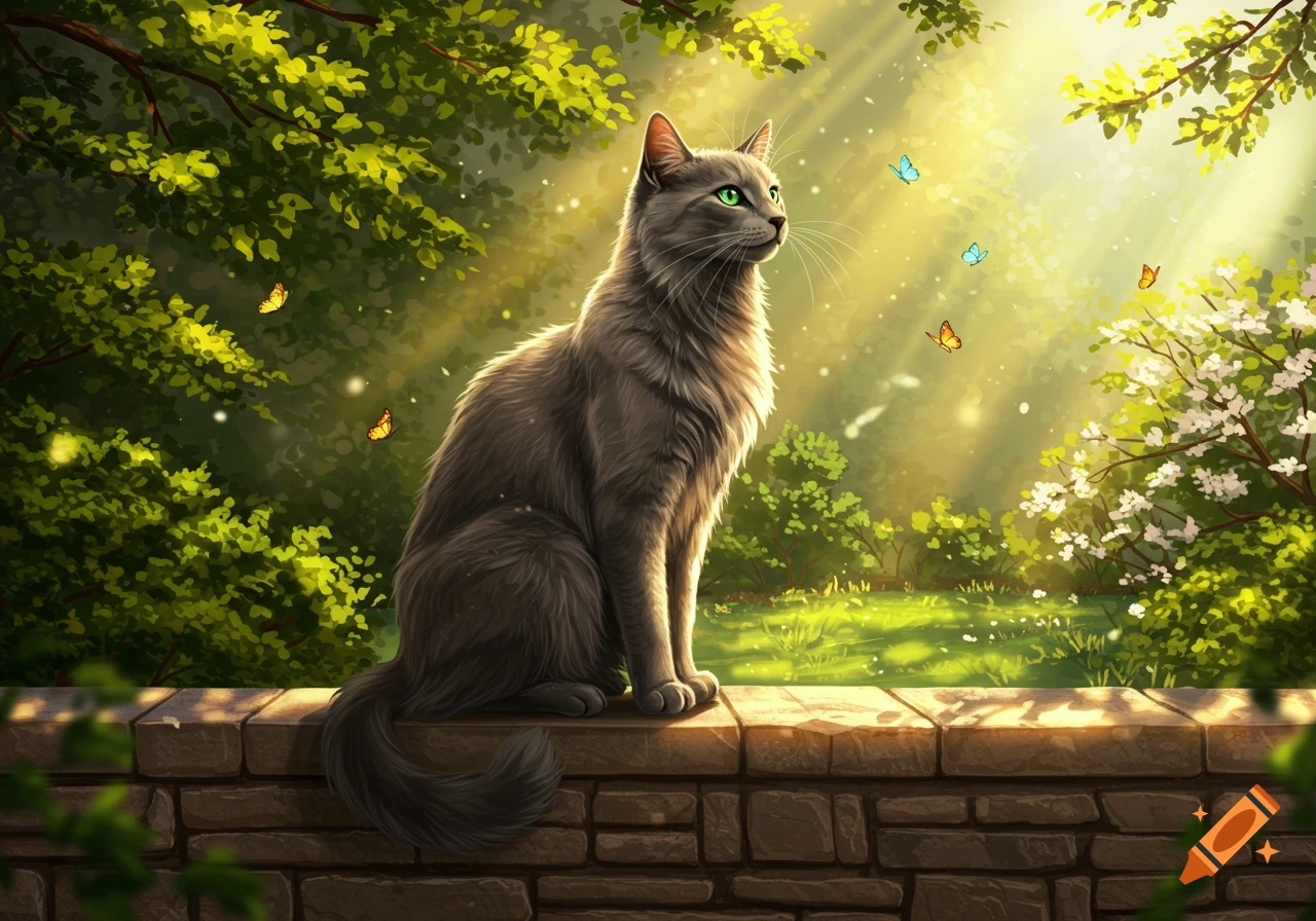 A grey cat with green eyes sits on a stone wall, looking right, with sunlight streaming through green trees and butterflies around it.