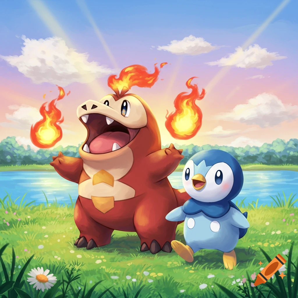 Fuecoco and Piplup, Pokemon characters, stand in a vibrant grassy field by a lake under a sunny sky.
