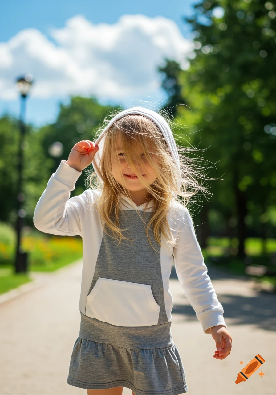 A cute blond girl in a white hoodie and gray dress smiles, shielding her face from the sun, in a bright park.