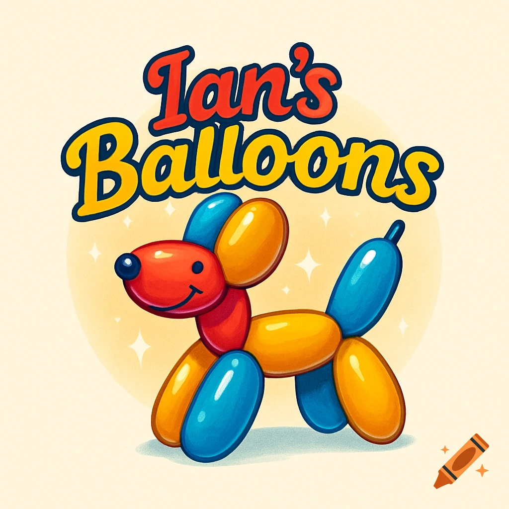 A colorful cartoon logo featuring a red, yellow, and blue balloon dog with the text 'Ian's Balloons' above it.