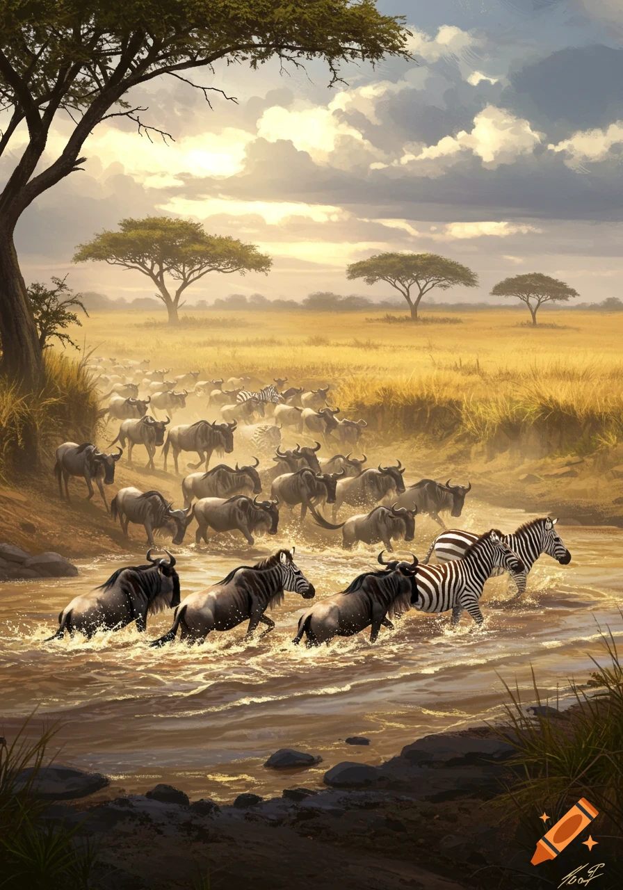 A large herd of wildebeest and zebras cross a wide river in an African savanna under a dramatic sky. Digital painting.