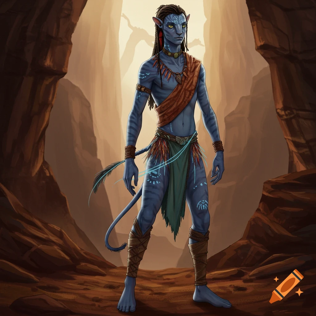 A blue-skinned Na'vi character in tribal attire stands in a rocky canyon, looking forward.