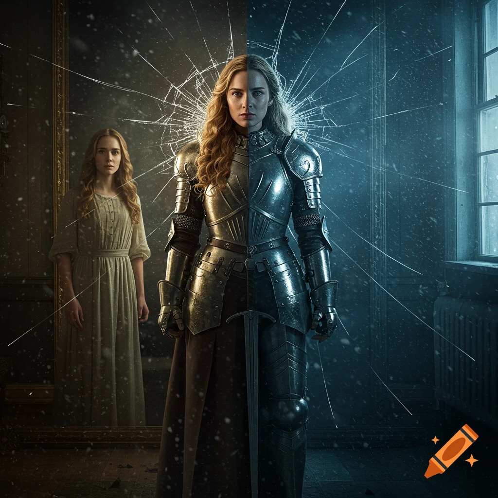 A photorealistic image of a woman standing before a shattered mirror; one side reflects her in a dress, the other in shining knight's armor.