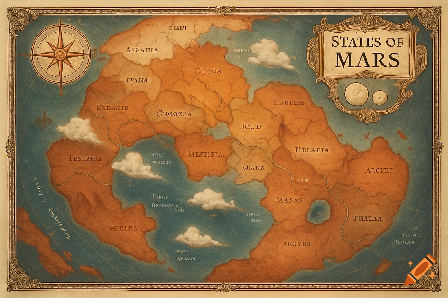 An antique-style map titled 'States of Mars' showing fictional continents and bodies of water, with a compass rose and ornate border.