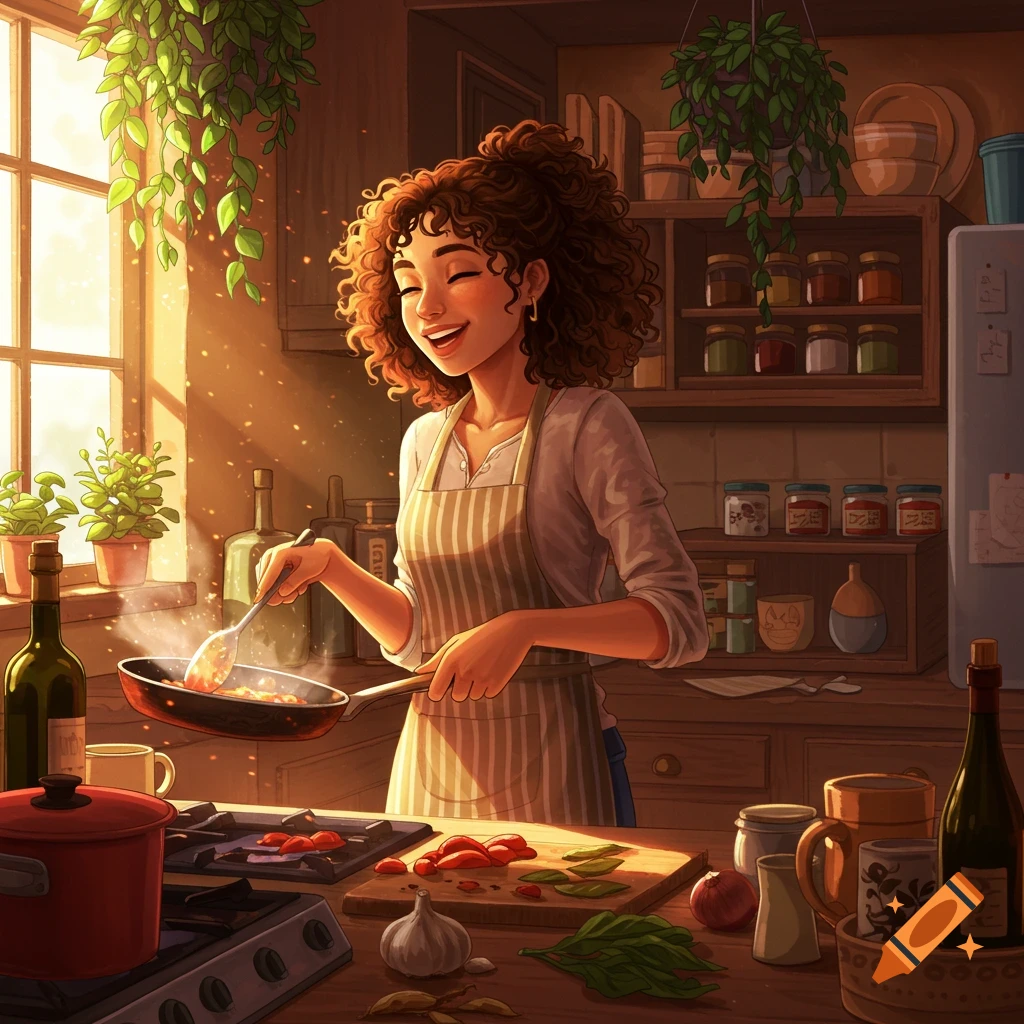 A smiling woman with curly hair wearing an apron cooks in a sunlit kitchen, stirring a pan on the stove.