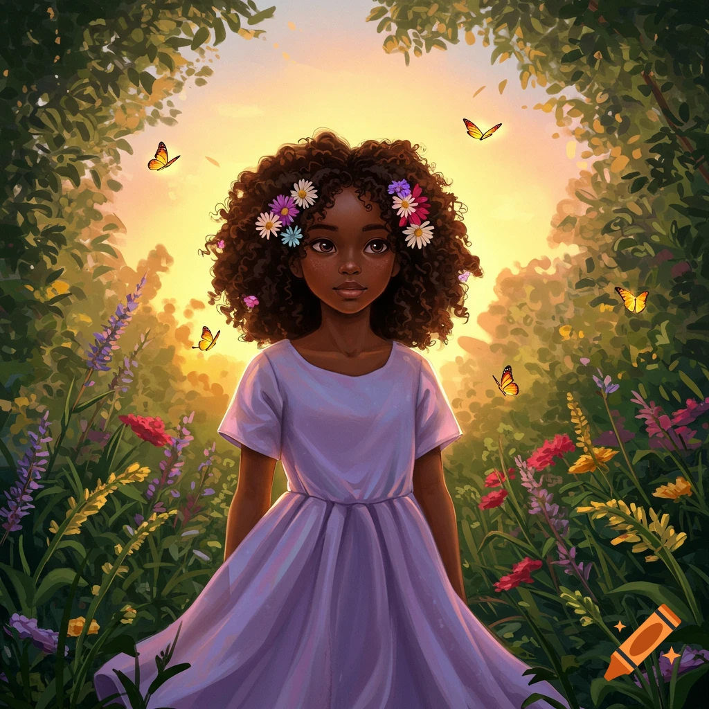 A young Black girl with flowers in her curly hair wears a purple dress, standing among colorful flowers and butterflies in golden sunlight.