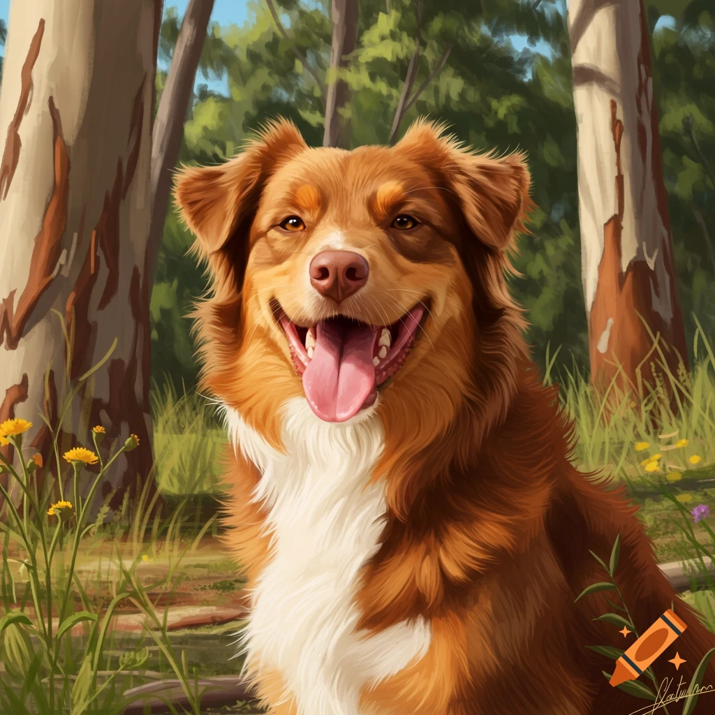 A red Australian Shepherd dog with white fur on its chest smiles with its tongue out, sitting in a forest clearing in a digital painting style.