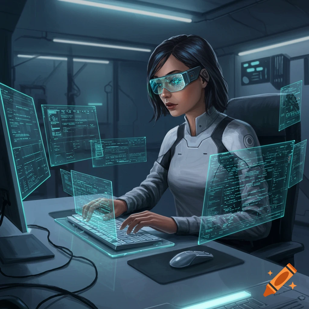 A woman in futuristic glasses and attire types on a glowing keyboard surrounded by holographic code screens in a dark, high-tech lab.