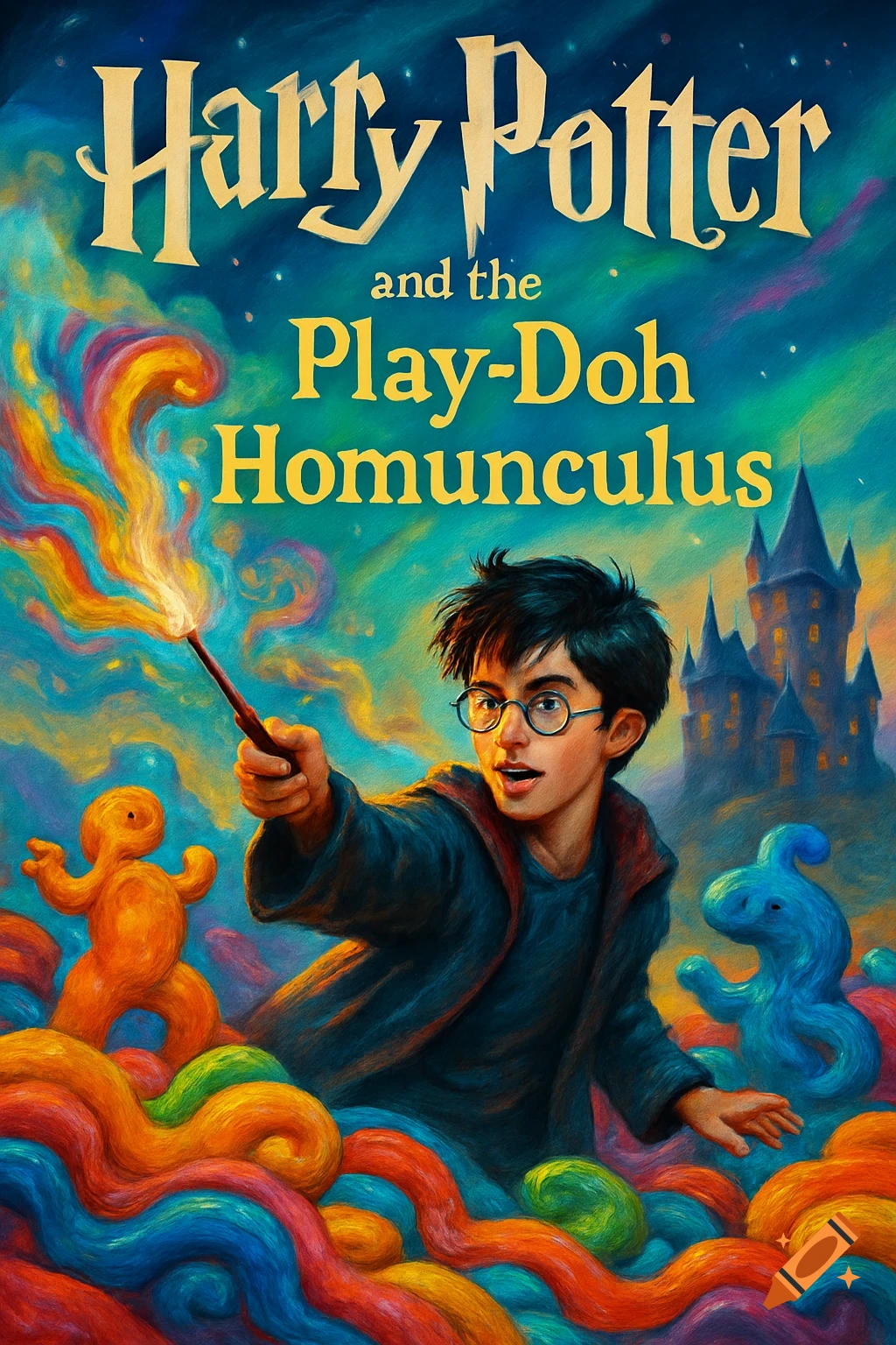 Illustrative book cover titled 'Harry Potter and the Play-Doh Homunculus', depicting Harry Potter with a glowing wand amidst colorful Play-Doh and a castle.