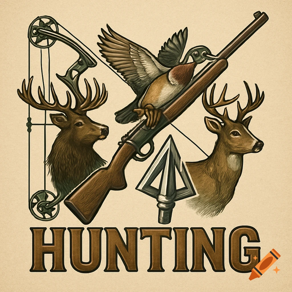 A vintage-style illustration of hunting equipment including a rifle, bow, broadhead, elk head, deer head, and duck, with the word 'HUNTING'.