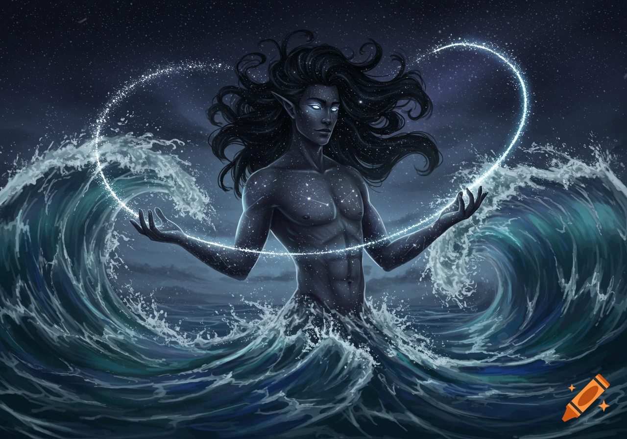 A male water genasi with dark skin, white eyes, and long hair, rising from stormy ocean waves and holding luminous star magic.