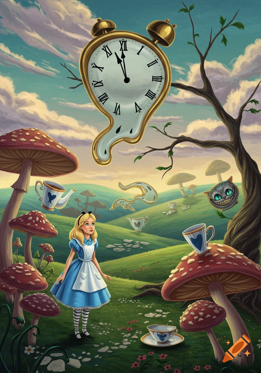 Alice in Wonderland in a surreal landscape with a melting clock, giant mushrooms, floating teacups, and a Cheshire Cat head.