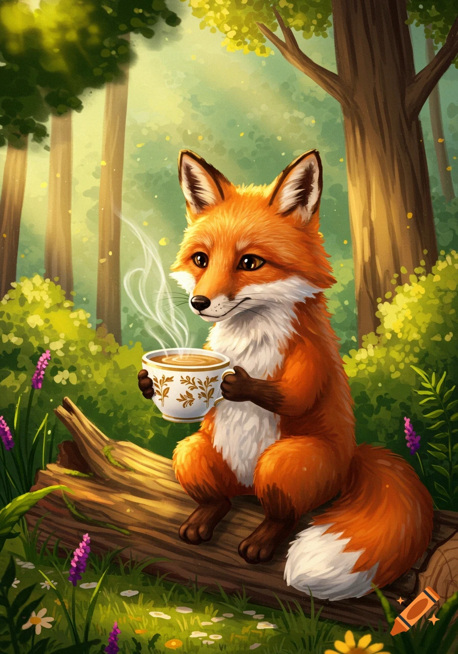 A cute fox sits on a log, holding a steaming cup in a sunlit forest. Illustrated.