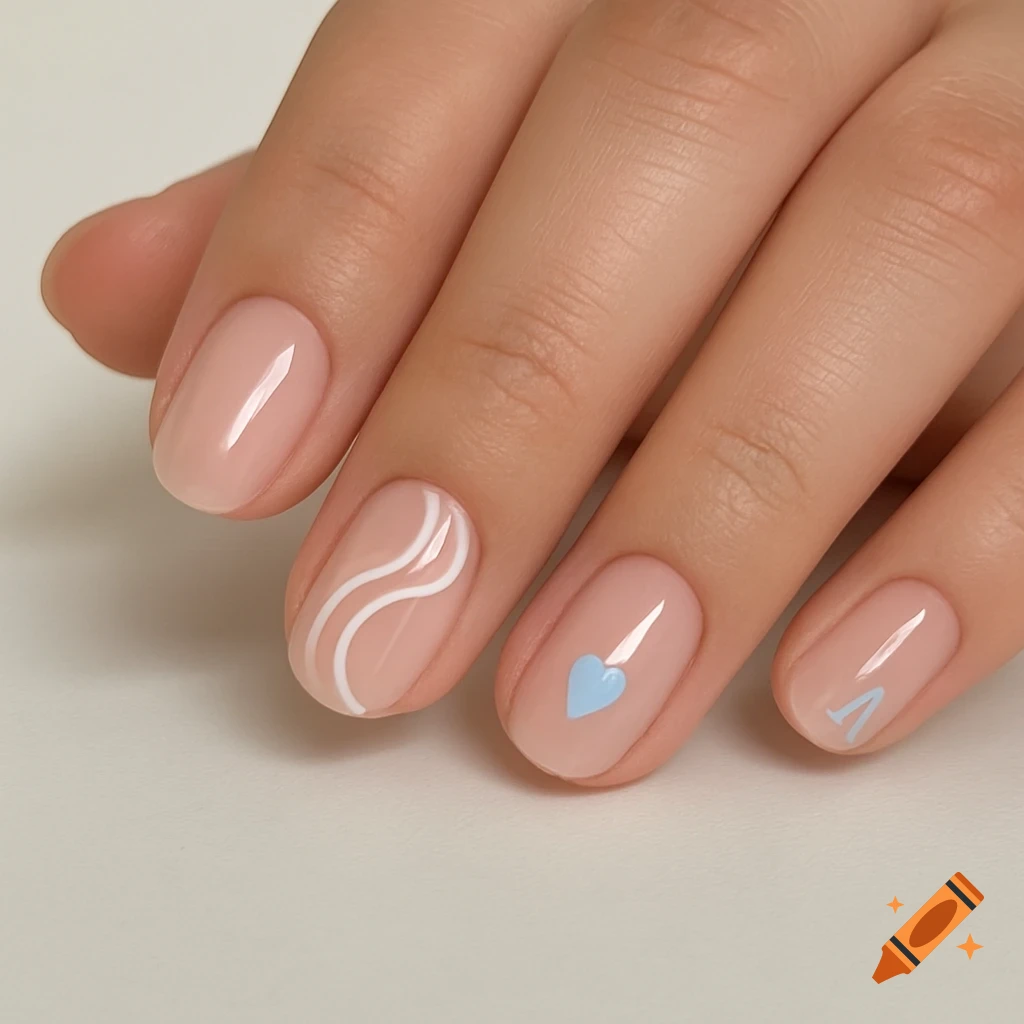 Close-up of a hand with sheer nude nails, one featuring white wavy lines, another a light blue heart, and a third with a light blue initial.