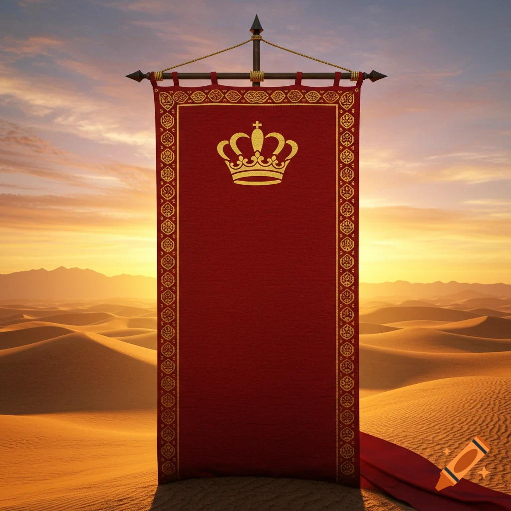 A large red banner with a golden crown stands in a vast desert landscape under a sunset sky.