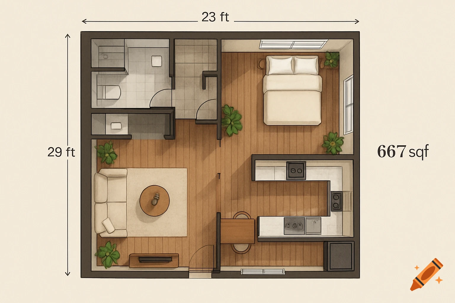 A detailed top-down floor plan illustration of a 667 sq ft apartment with one bedroom, one bathroom, living room, and kitchen, measuring 23x29 ft.